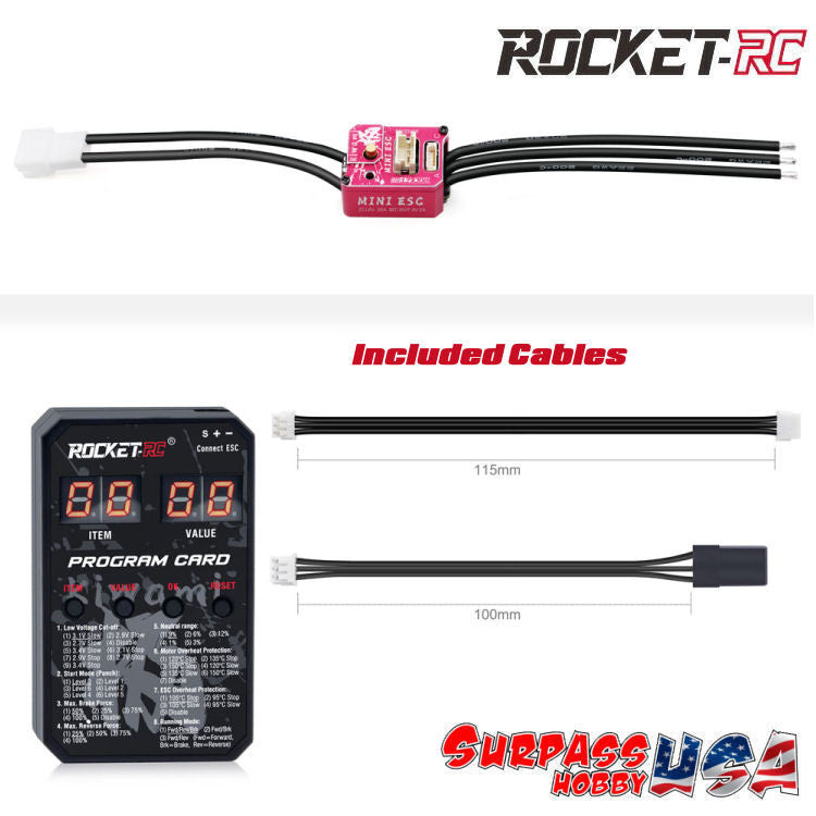 Surpass Hobby Rocket-RC Kiwami Pro V2 mini 24-30A sensored ESC for RC cars, shown with wiring and connectors.