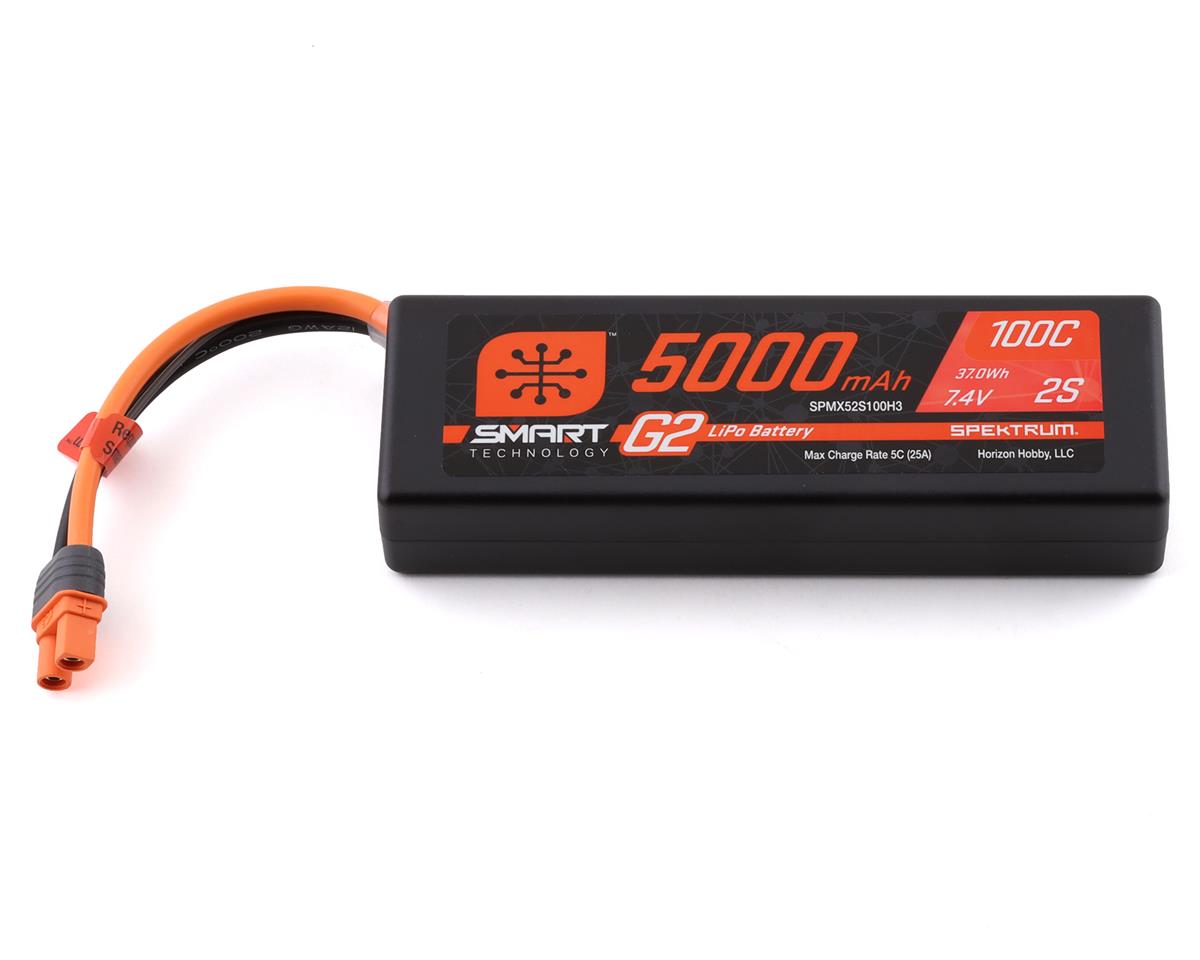 Spektrum 5000mAh 2S 7.4V Smart G2 LiPo battery with 100C discharge rate and IC3 connector for RC models.