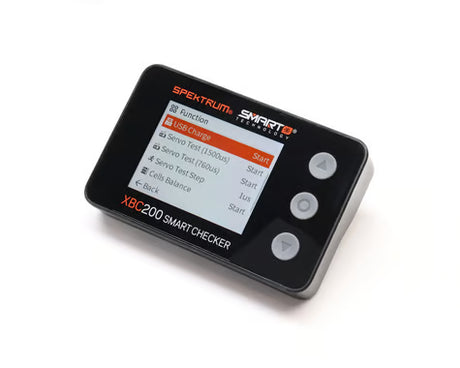 Spektrum RC XBC200 Smart Battery Checker and Servo Tester showing digital display and connection ports on a black device.