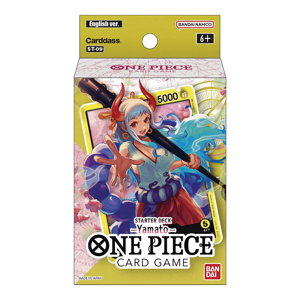 Bandai One Piece TCG Yamato Starter Deck (ST-09) featuring colorful card illustrations and game components on a white background.