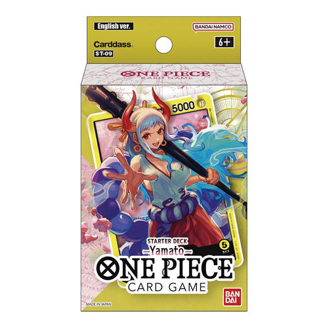 Bandai One Piece TCG Yamato Starter Deck (ST-09) featuring colorful card illustrations and game components on a white background.