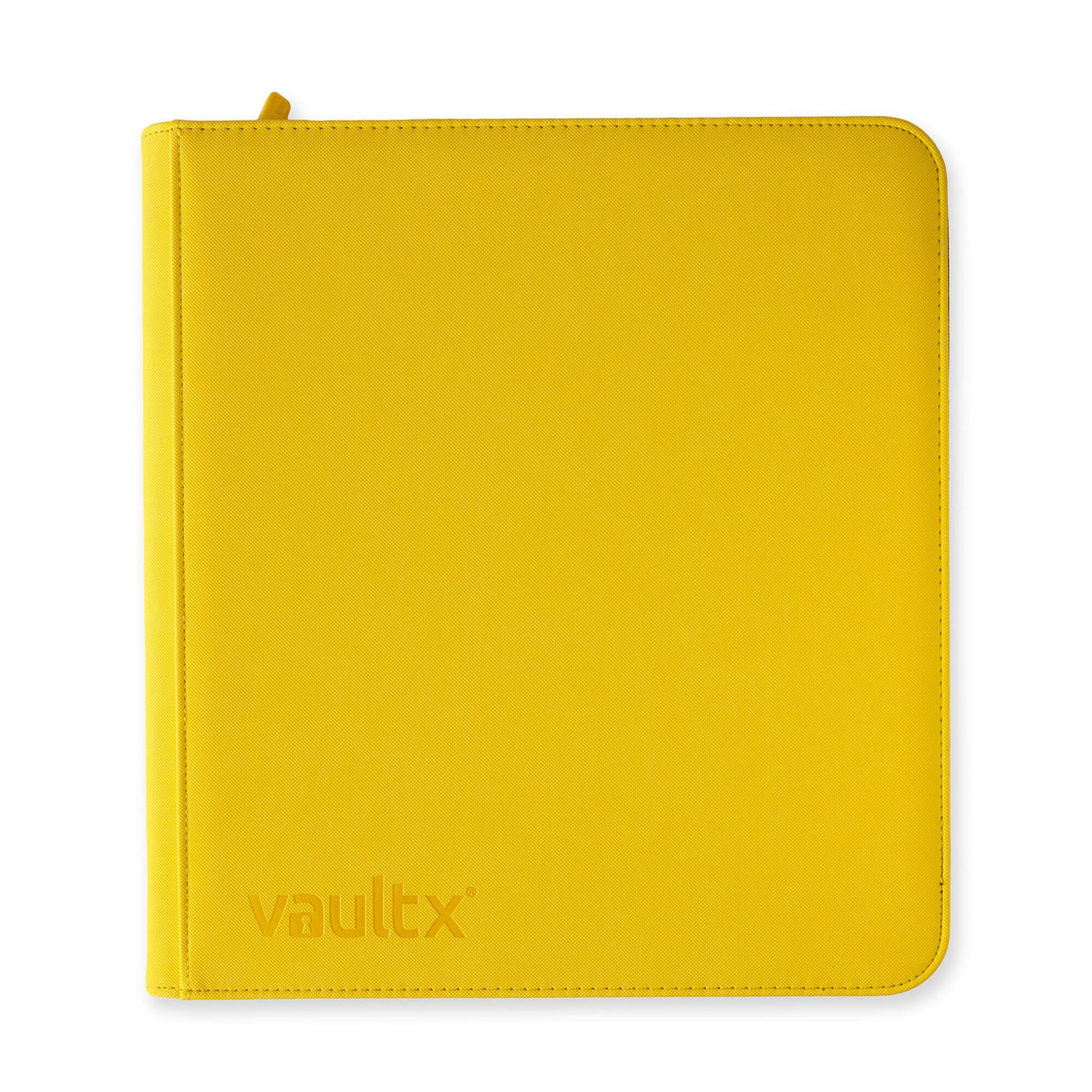 Vault X Exo-Tech 12-pocket zip binder in sunrise yellow, showing the closed binder with zipper and textured outer surface.