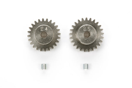 Tamiya 0.6 mod pitch 24T and 25T pinion gear set for RC cars, featuring metal gears with precise teeth for smooth performance.