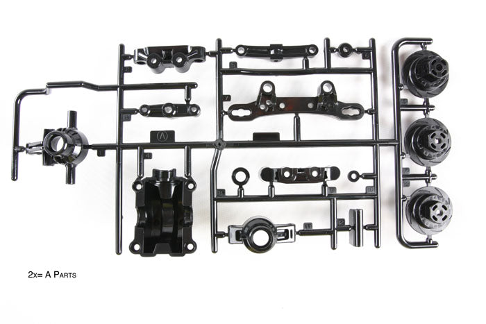 Tamiya RC TT02 Upright A Parts for remote control car, showcasing the black plastic component with detailed molding and mounting points.