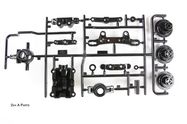 Tamiya RC TT02 Upright A Parts for remote control car, showcasing the black plastic component with detailed molding and mounting points.