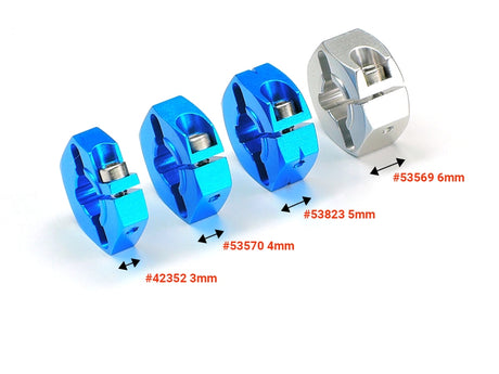 Set of four Tamiya 6mm aluminum wheel hubs for RC cars, featuring durable, lightweight metal construction and precise fit.