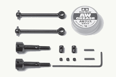 Tamiya Universal Shaft Assembly for TT-01, TT-02, TA04 RC car models, showing metal drive shafts and connectors.