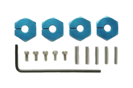 Set of four Tamiya 5mm aluminum wheel hubs for RC cars, featuring lightweight, durable construction and precise fit for upgrades.