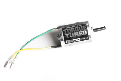 Tamiya RS-540 25T Torque-Tuned Motor for RC cars, showing a compact black motor with wiring terminals and label.