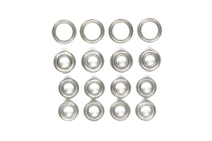 Tamiya TT02 ball bearing set with multiple precision metal bearings for RC car upgrades, shown in packaging.