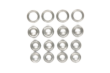 Tamiya TT02 ball bearing set with multiple precision metal bearings for RC car upgrades, shown in packaging.
