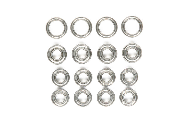 Tamiya TT02 ball bearing set with multiple precision metal bearings for RC car upgrades, shown in packaging.