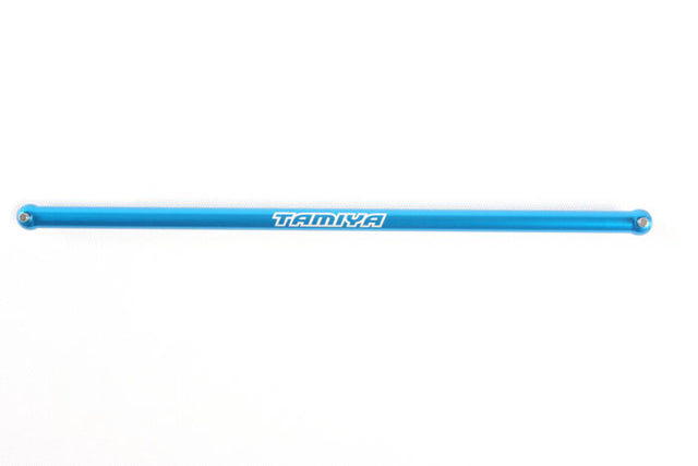 Tamiya TT-02 aluminum propeller shaft for RC cars, showing a sleek metal drivetrain component with precise engineering details.