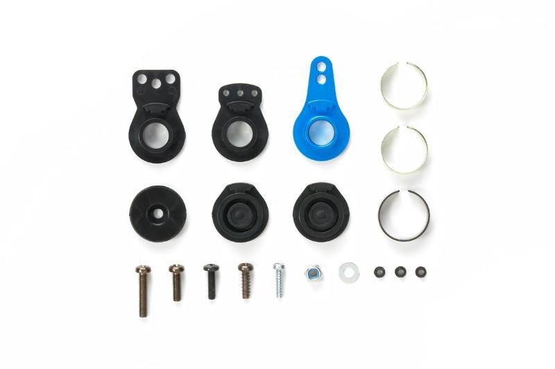 Tamiya TT-02 Hi-Torque Servo Saver Set with aluminum horn, showing the black servo saver and silver aluminum horn for RC car.
