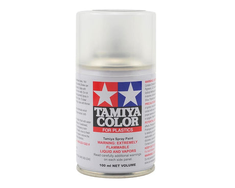 Tamiya TS-80 Flat Clear Spray Paint 100ml bottle, aerosol can with spray nozzle for model finishing and coating.