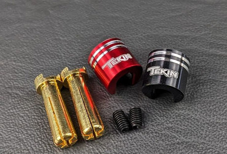 Pair of Team Tekin 5mm bullets with 90-degree heatsinks for RC car electronic connections, shown in black with metal tips.