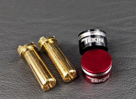 Pair of Team Tekin 5mm bullets with 90-degree low profile heatsinks for RC car motors, shown with heatsink details.