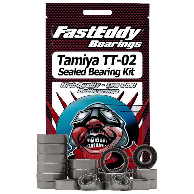 Tamiya TT-02 rubber sealed bearing kit by Fast Eddy Bearings, featuring precision metal bearings for RC car durability and smooth performance.