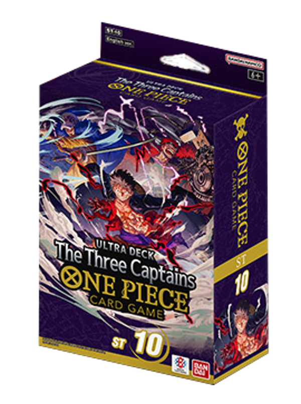 Bandai One Piece TCG Ultimate Deck featuring The Three Captains with colorful cards and packaging showcasing iconic characters.