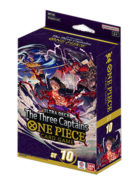 Bandai One Piece TCG Ultimate Deck featuring The Three Captains with colorful cards and packaging showcasing iconic characters.