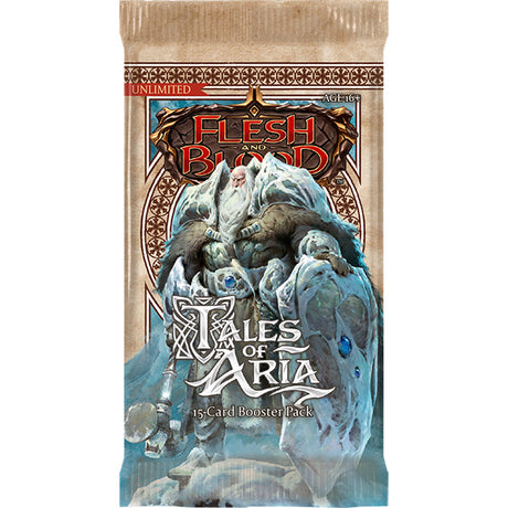 Flesh and Blood Tales of Aria Unlimited booster pack of collectible trading cards by Legends Story Studios, featuring vibrant card artwork.