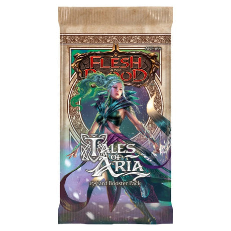 Flesh and Blood Tales of Aria Unlimited booster pack of collectible trading cards by Legends Story Studios, featuring vibrant card artwork.