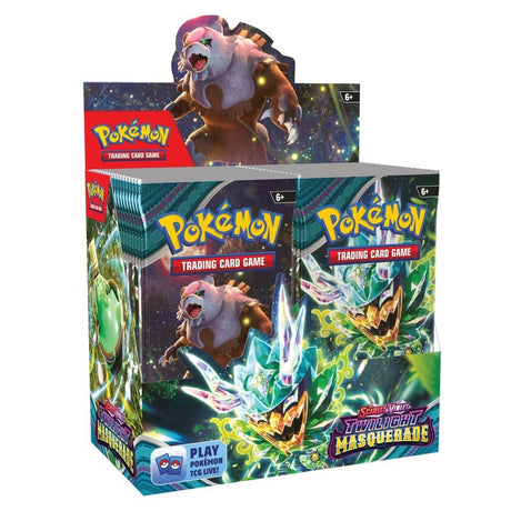 Pokemon Twilight Masquerade Booster Box featuring colorful booster packs and artwork from the Pokemon trading card game.