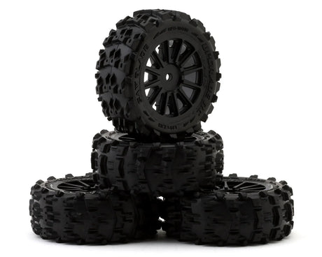 Four UpGrade RC saw blade pre-mounted tires for ARRMA Typhon GROM remote control car, showcasing durable rubber tires with blade design