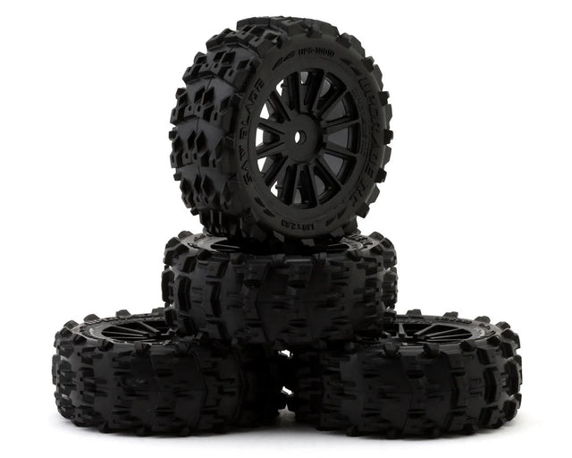 Four UpGrade RC saw blade pre-mounted tires for ARRMA Typhon GROM remote control car, showcasing durable rubber tires with blade design