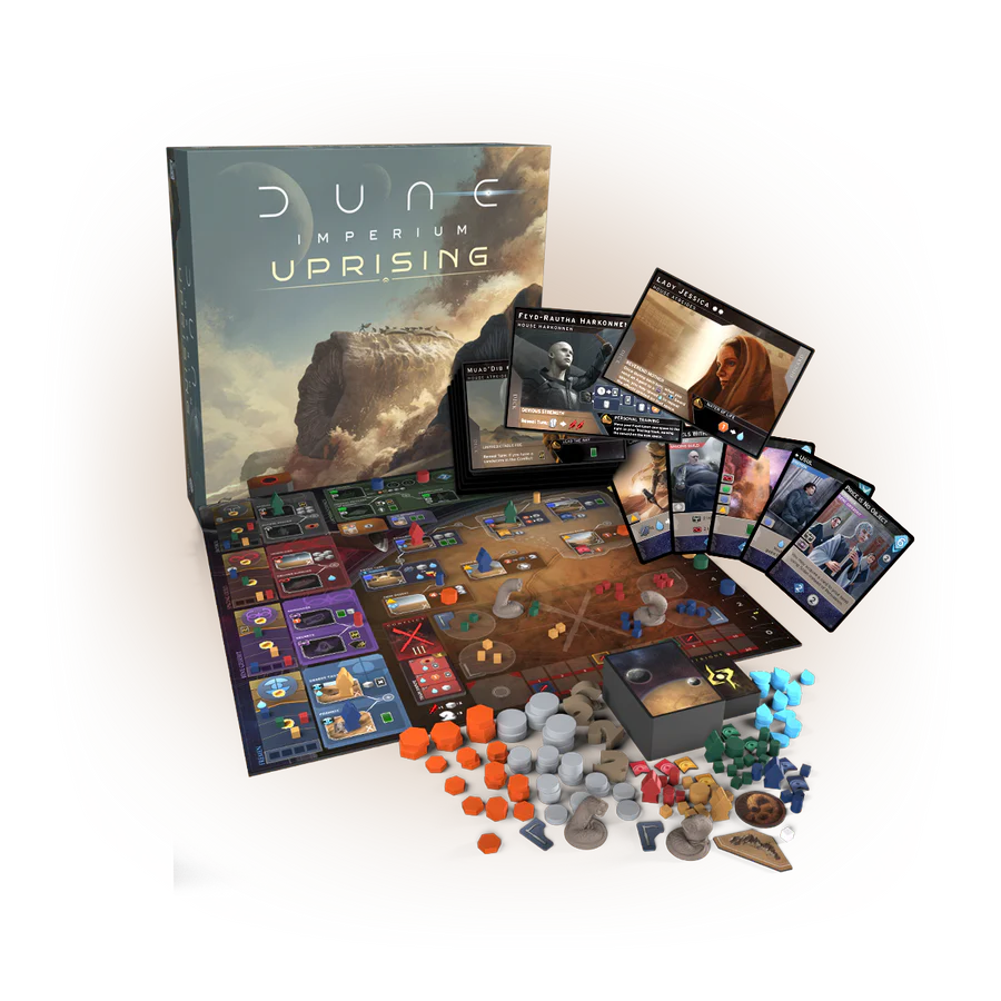 Image of Dune: Imperium - Uprising stand-alone or expansion game components by Dire Wolf, showing cards and tokens on a game board.