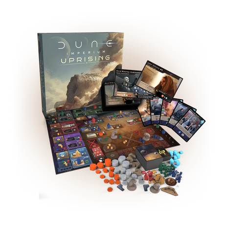 Image of Dune: Imperium - Uprising stand-alone or expansion game components by Dire Wolf, showing cards and tokens on a game board.