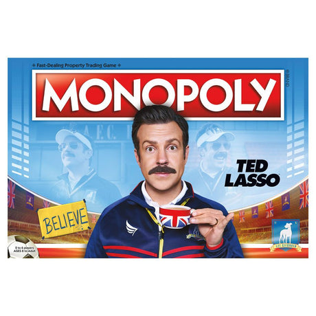 Front of Hasbro Monopoly: Ted Lasso board game box featuring colorful artwork and game title with Ted Lasso branding.