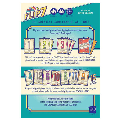 Back view of Flip 7 by The Op Games, showcasing its sleek game board design and colorful flip tiles.