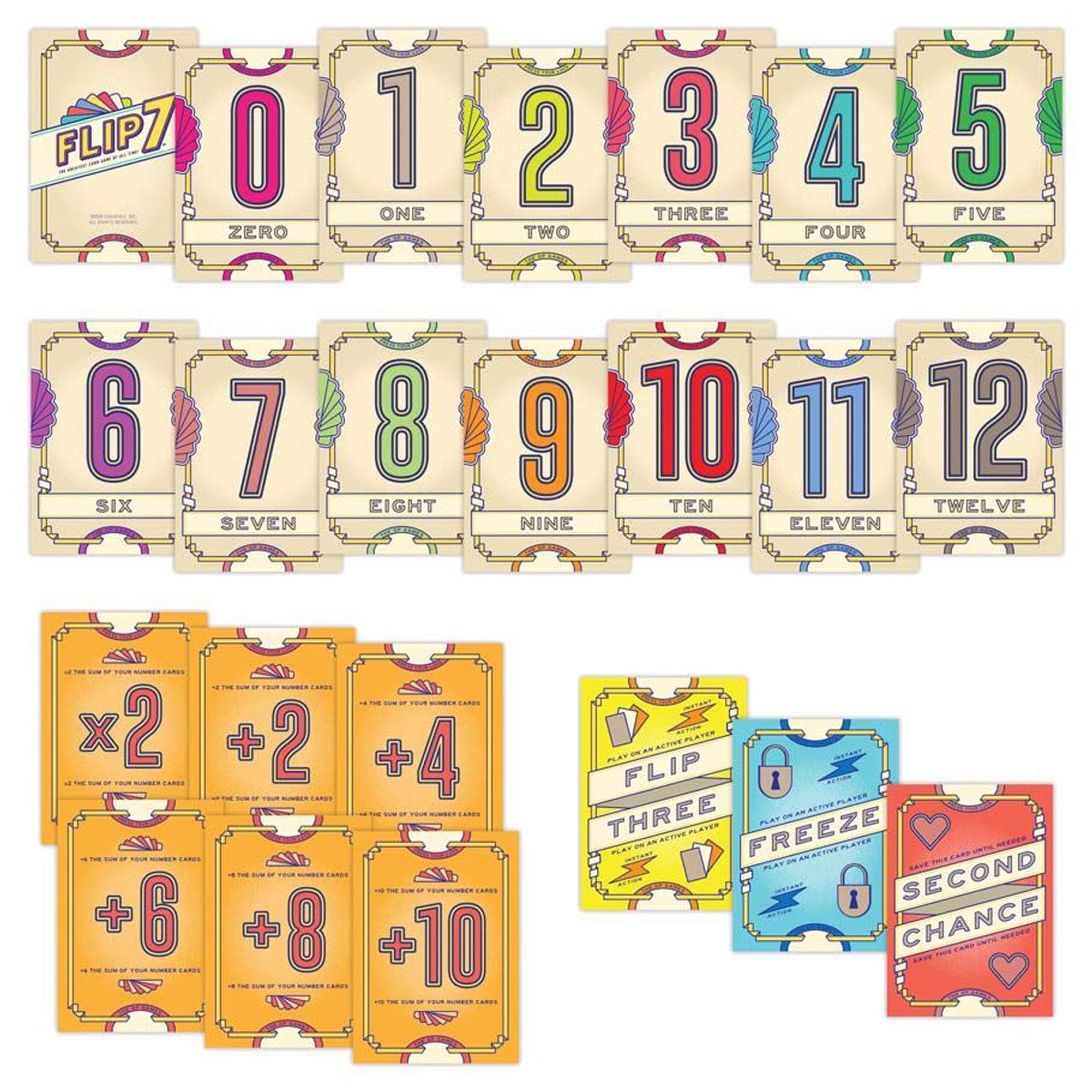 Flip 7 card game by The Op Games featuring colorful cards and game components on a white background.