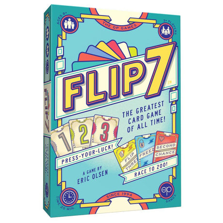 Flip 7 by The Op Games, a colorful 3D puzzle game with flipping tiles and vibrant artwork on a rectangular board.