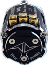 Team Powers Actinium V6S brushless motor for RC cars, showcasing the compact, high-performance motor with cooling fins.