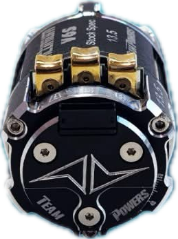 Team Powers Actinium V6S brushless motor for RC cars, showcasing the compact, high-performance motor with cooling fins.
