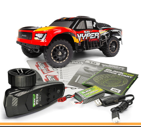HPI Racing Blackzon Vyper SC Turbo 1/16 scale 4WD electric RC car with brushless motor and turbo kit components.