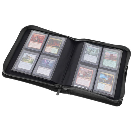 Open BCW Z-Folio 4-Pocket LX Toploaders binder with black cover and clear plastic pockets for collectible card storage