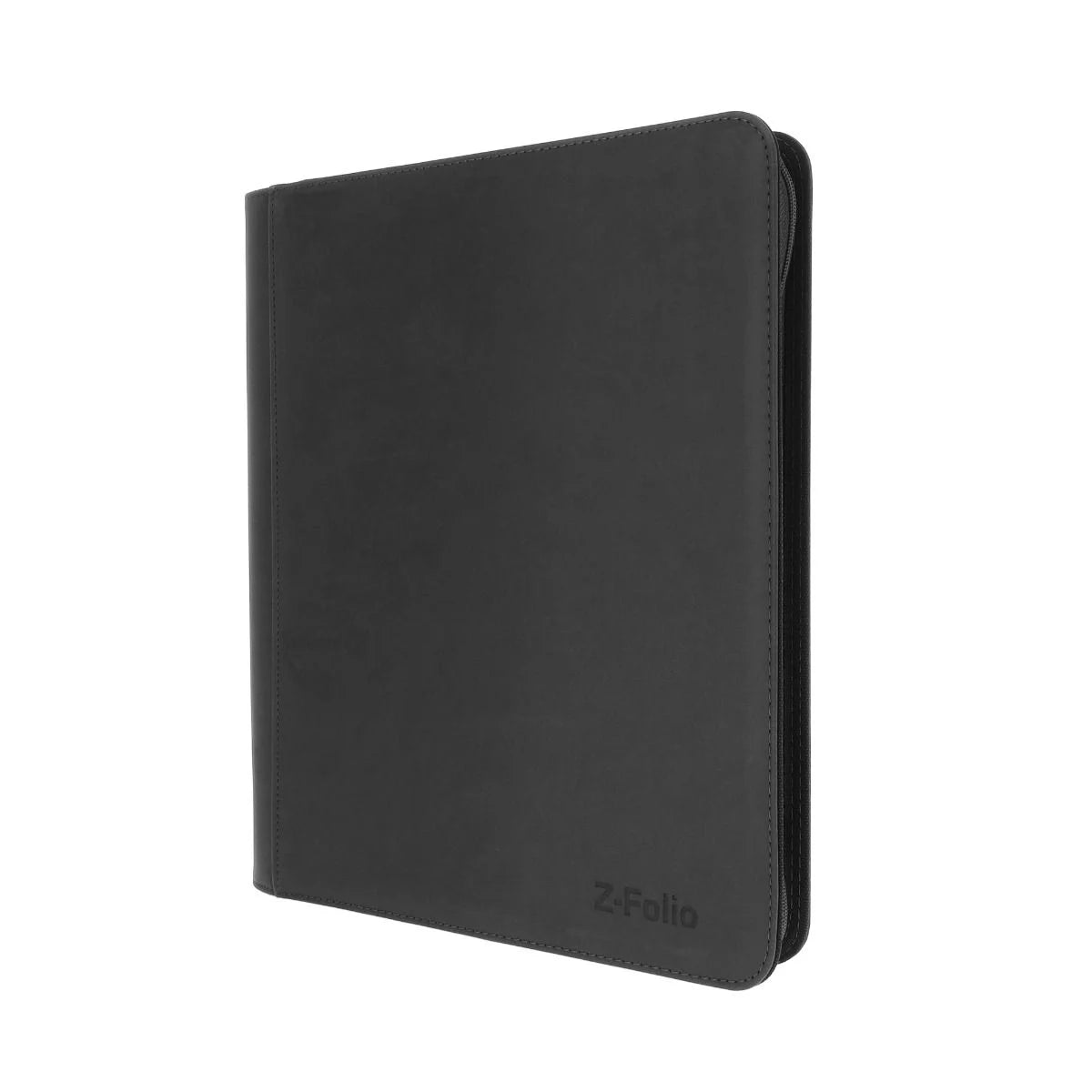Black BCW Z-Folio 9-pocket LX toploader binder with angled view, holding collectible trading card sleeves for storage and display.