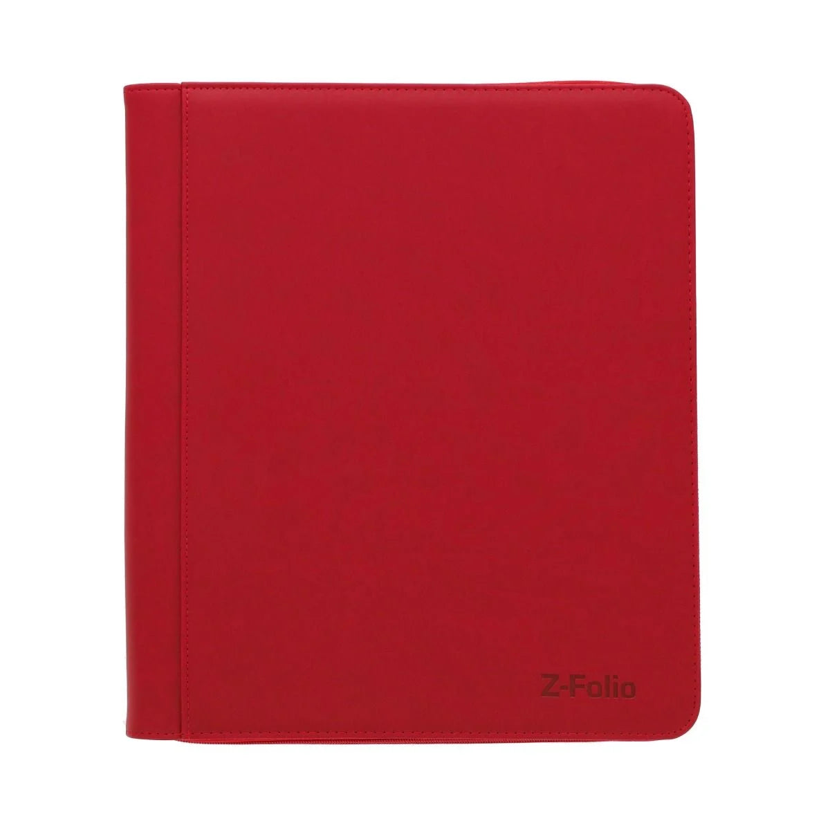Red BCW Z-Folio 9-pocket LX toploader binder with clear plastic pages for card storage, front view.