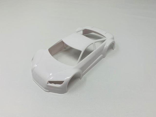 White Jomurema GT01 car body set with detailed panels and aerodynamic design for enhanced performance and style.