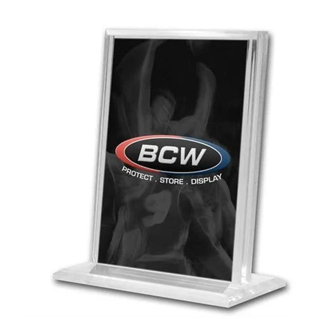 Clear acrylic card stand by BCW for displaying collectible cards, featuring a sturdy, transparent design perfect for showcasing.