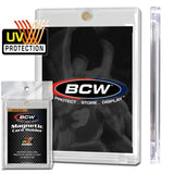 Magnetic card holder by BCW for 35 PT trading cards, featuring a secure magnetic closure and clear plastic window for display.