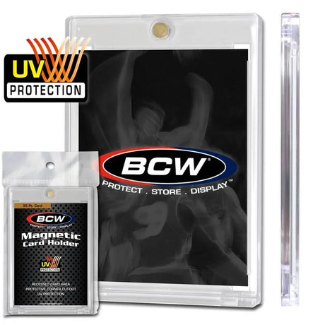 Magnetic card holder by BCW for 35 PT trading cards, featuring a secure magnetic closure and clear plastic window for display.