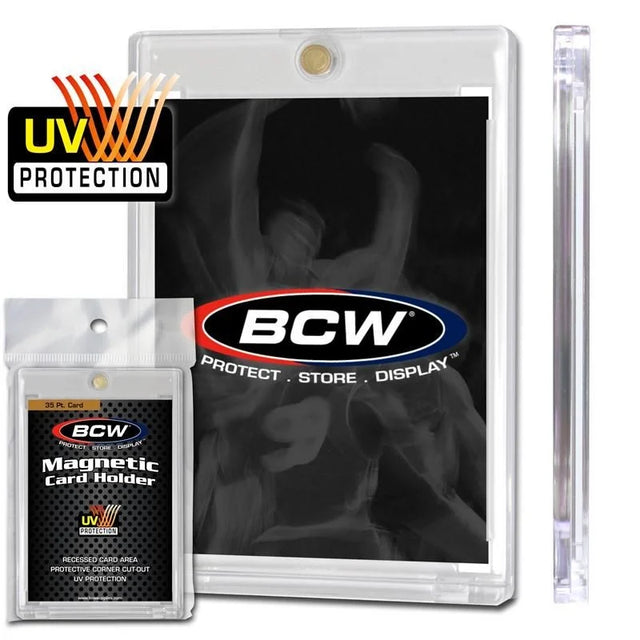 Magnetic card holder by BCW for 35 PT trading cards, featuring a secure magnetic closure and clear plastic window for display.