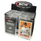 BCW magnetic card holder for 35 PT cards showing a clear plastic sleeve with magnetic closure and brand logo.