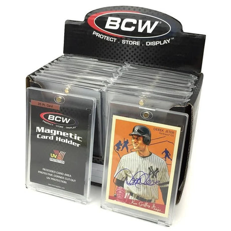BCW magnetic card holder for 35 PT cards showing a clear plastic sleeve with magnetic closure and brand logo.