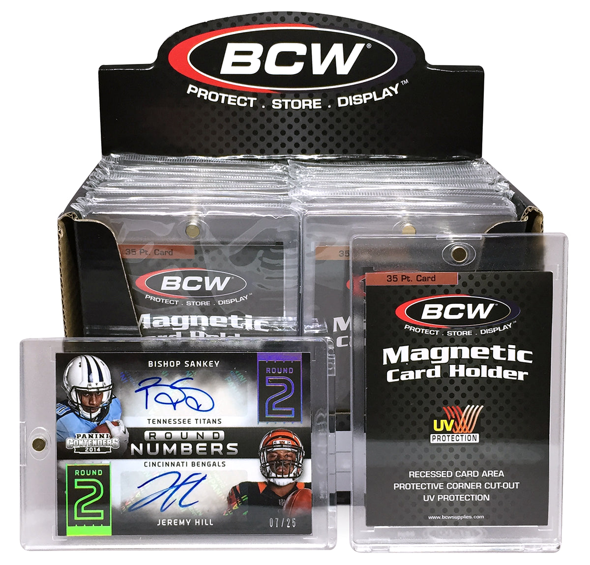 Magnetic card holder by BCW, 35 PT thickness, featuring dual auto-open design for secure storage of trading cards or collectibles.