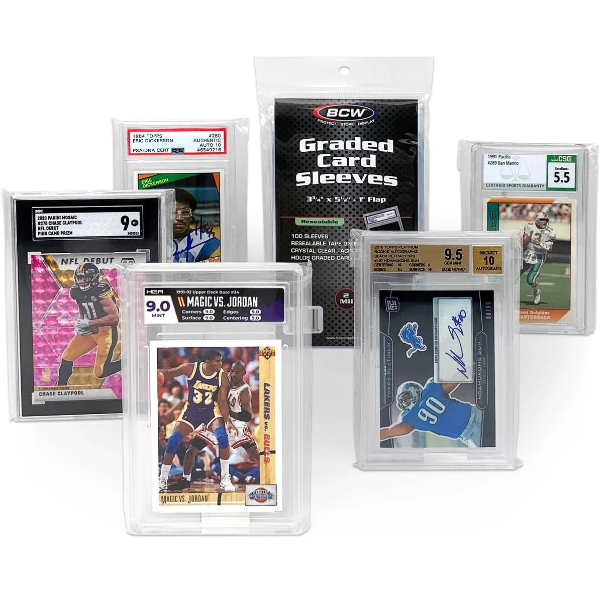 Pack of 100 BCW resealable graded card sleeves designed for protecting and storing collectible trading cards.